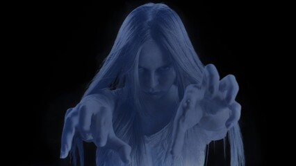 Medium shot of a glowing female, woman figure, ghost, poltergeist pulling her hands out to the camera on a black background.