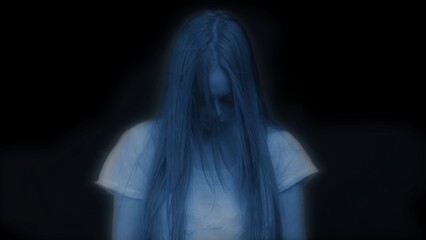 Medium shot of a glowing female, woman figure, ghost, poltergeist standing with her head down, hair...