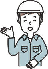 ヘルメットをかぶった作業服の男性がこちらと案内するイラスト