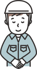 ヘルメットをかぶった作業服の男性がにこやかにおじぎをするイラスト