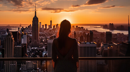A woman stands on a lavish balcony, framed by the warm hues of a setting sun
