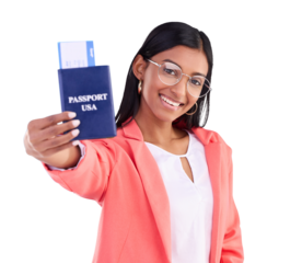 Business woman, passport and ticket for travel opportunity, USA immigration and holiday offer isolated on transparent png background. Portrait of indian worker with documents for vacation or flight