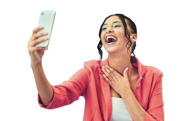 Happy woman, phone and laughing with makeup in selfie or photography isolated on a transparent PNG background. Female person, gen z or model smile for photograph, picture or funny social media vlog