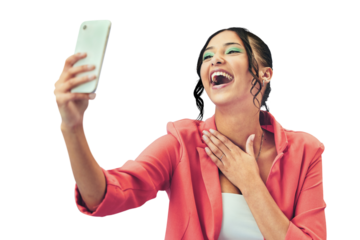 Happy woman, phone and laughing with makeup in selfie or photography isolated on a transparent PNG background. Female person, gen z or model smile for photograph, picture or funny social media vlog