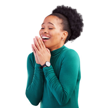 Praying, hands and woman with thank you, worship or God gratitude on isolated, transparent or png background. Pray, emoji and African female model with Jesus Christ praise, relief or blessing prayer