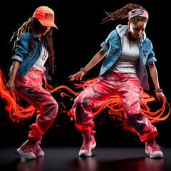 Two girls in bright clothes dances hip-hop. Movement, activity, energy. Girl in motion dances modern dance
