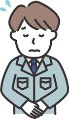 Obraz premium 作業服にネクタイをした男性が困り顔で謝罪をするイラスト
