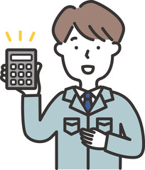 作業服にネクタイをした男性が電卓を持っているイラスト
