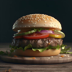 Delicious hamburger on wooden table- closeup. Space for text