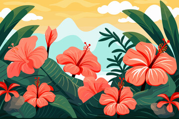 Hibiscus Flowers and tropical leaves Background from Hawaii. Tropical vector illustration. Sunny summer day.