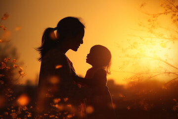 Serene Mother and Toddler Embrace in Sunset Silhouette, Evoking Warmth and Family Bonding in Tranquil Evening Setting - obrazy, fototapety, plakaty