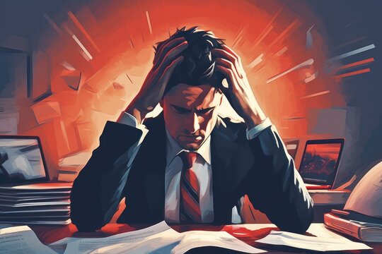 Illustration of businessman very stressed out looking at some papers
