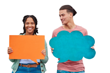 Isolated couple, speech bubble and portrait together for social media quote by transparent png background. Man, woman and diversity with sign, billboard or poster for opinion, voice or mockup space