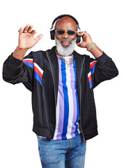 Senior black man, fashion or headphones listening to music in cool retro style isolated on png. Transparent background, sunglasses or mature African person in vintage outfit streaming a radio song