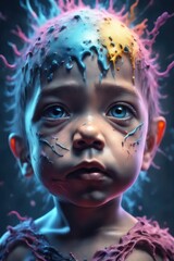 Portrait of a sad blue-eyed child with a painted face