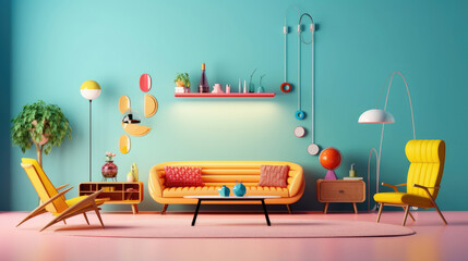 The interior space is in a retro and minimalist style and with colorful pastel colors