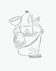 Cleaning bathroom supplies tools accessories cleaner, brush, bucket, plunger, gloves drawing in graphic style on white background