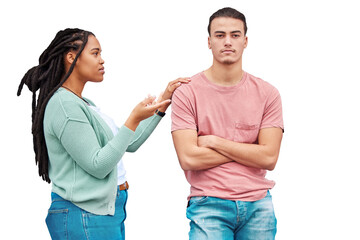 Interracial couple, ignore and argument, question and divorce isolated on a transparent background....