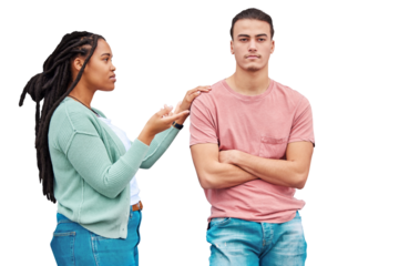 Interracial couple, ignore and argument, question and divorce isolated on a transparent background. Black woman, man and marriage with conversation, angry and relationship with fight, png or conflict