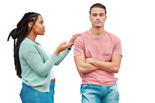 Interracial couple, ignore and argument, question and divorce isolated on a transparent background. Black woman, man and marriage with conversation, angry and relationship with fight, png or conflict - Powered by Adobe