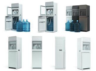 Collection of Modrn water cooler machine with whater bottels 3d render on white