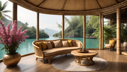 Salon luxueux asiatique en bambou avec vue panoramique sur la jungle et la rivière