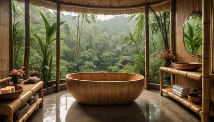 Salle de bain en bambou d'un un hôtel de luxe avec vue panoramique sur la jungle