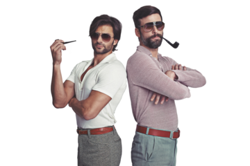 Retro, fashion and portrait of men in 70s, disco and smoking with pipe and arms crossed on isolated, transparent or png background. Vintage, clothes and friends with confidence, style and sunglasses