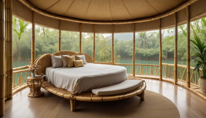 Chambre luxueuse avec mobilier en bambou dans un hôtel de luxe avec vue panoramique sur la jungle en Asie