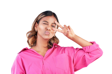 Portrait, young woman and peace sign isolated on transparent png background for freedom, fun and attitude. Kiss, face and gen z girl with v hand gesture, emoji or icon for happy mood in youth culture
