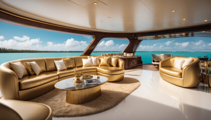 Salon luxueux avec un canapé doré sur un yacht avec vue panoramique sur le lagon