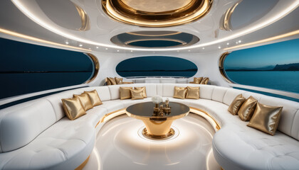 Salon de luxe en cuir blanc et doré sur un yacht avec vue panoramique sur l'océan à la tombée de la nuit