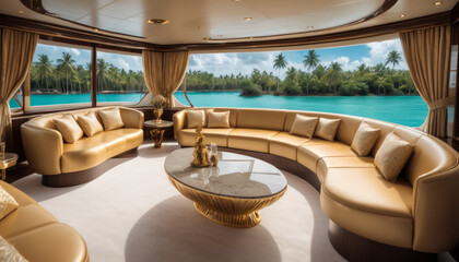 Salon luxueux et design avec un canapé doré sur un yacht avec vue panoramique sur le lagon