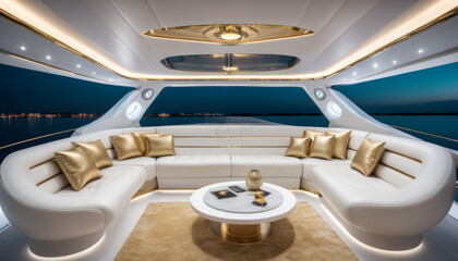 Salon luxueux en cuir blanc et doré sur un yacht avec vue panoramique sur l'océan à la tombée de la nuit