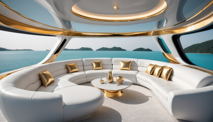 Salon luxueux en cuir blanc et doré sur un yacht avec vue panoramique sur l"océan