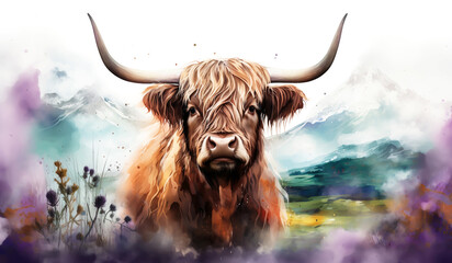 Watercolor illustration of highland cow with big horns. AI generated