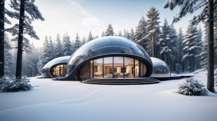 Maison luxueuse futuriste avec un dôme de verre dans une forêt enneigée en hiver