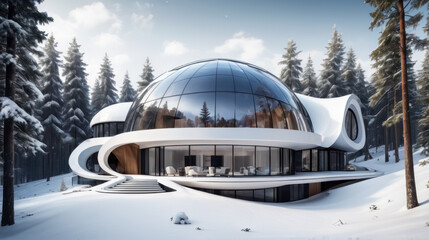 Maison luxueuse à l'architecture futuriste avec un dôme de verre et de métal dans une forêt enneigée en hiver