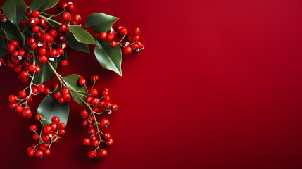 Obraz na płótnie Canvas Red mistletoe on dark red background top view in flat lay style. Greeting for women or Christmas Day or Winter Sale Banner. Copy space.