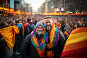 Two mature gay men with rainbow flag at lgbt demonstration