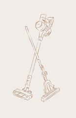 Cordless vacuum cleaner and sponge mop drawing in graphic style on beige background