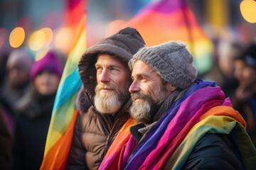 Obraz na płótnie Canvas Side view of two mature gay men with rainbow flag at lgbt demonstration