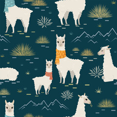 Seamless vector pattern with various friendly fluffy alpacas in natural environment
