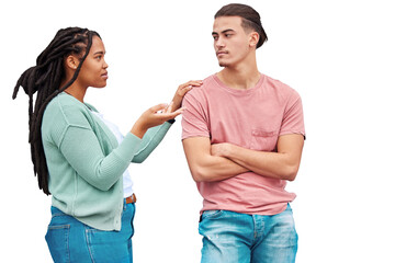 Interracial couple, fight and talking about a problem with a question and conversation. Gen z man, woman and conflict in marriage and angry arms crossed isolated on a transparent png background