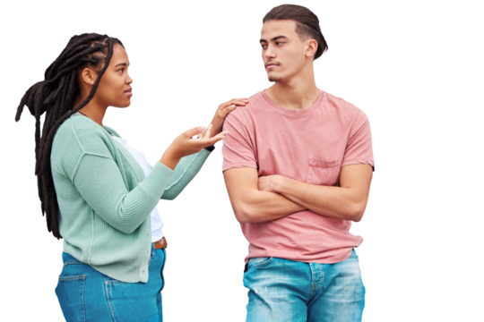 Interracial couple, fight and talking about a problem with a question and conversation. Gen z man, woman and conflict in marriage and angry arms crossed isolated on a transparent png background