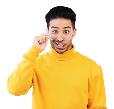 Man, portrait and glasses with funny face, smirk and isolated transparent png background and vision or comedy. Nerd, humour and silly geek or asian person in frame lenses with goofy hand gesture