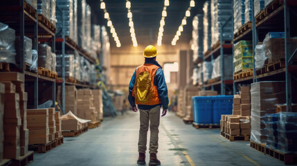 Fototapeta premium Back view of a worker wearing a yellow hat in a warehouse