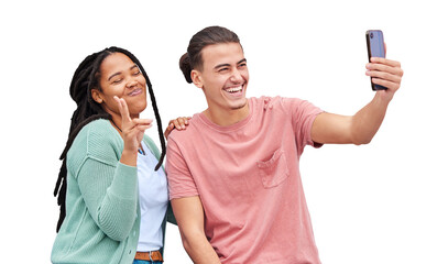 Isolated couple, selfie or peace sign with smile for interracial love on web by transparent png background. Man, woman or gen z students for photography, profile picture or excited for memory on blog