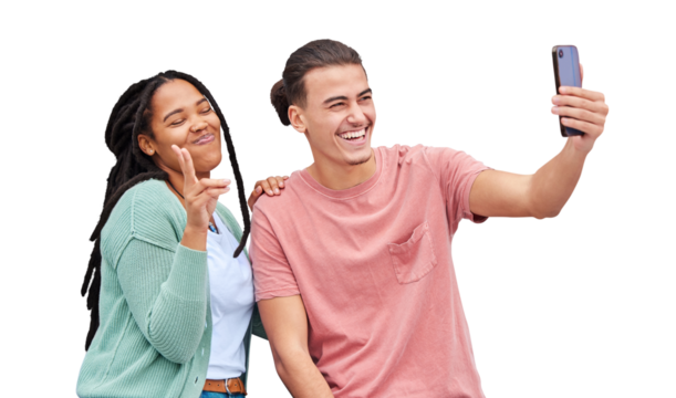 Isolated couple, selfie or peace sign with smile for interracial love on web by transparent png background. Man, woman or gen z students for photography, profile picture or excited for memory on blog