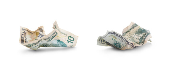 A collection of American dollars lying on the ground after being thrown away, wasting money,...